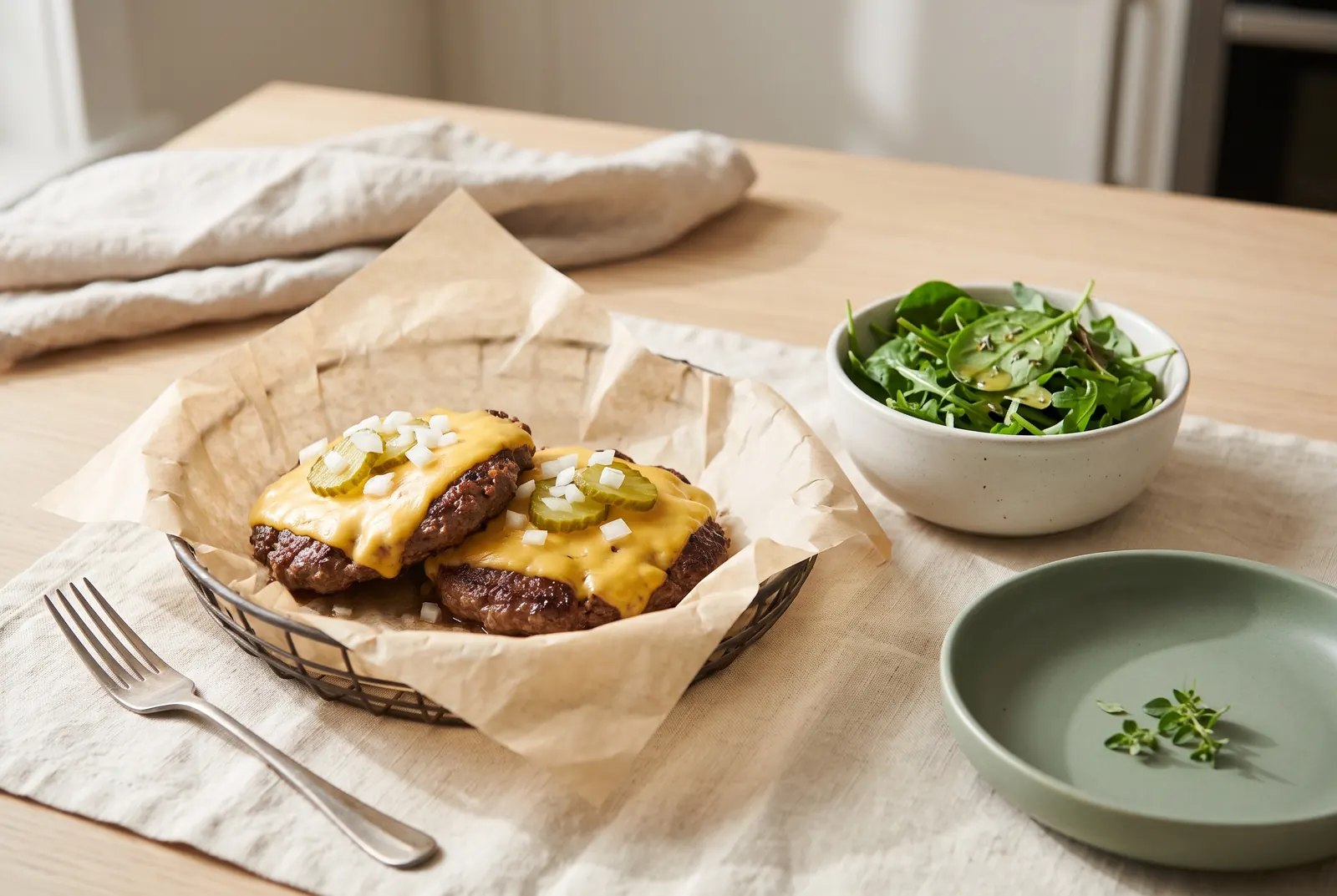 Two cheeseburger patties with pickles and onion, served without a bun, with a side salad