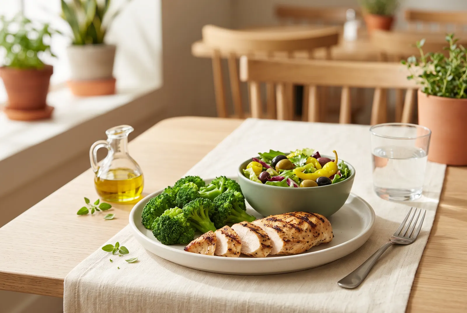 Grilled chicken breast with steamed broccoli and an Italian side salad