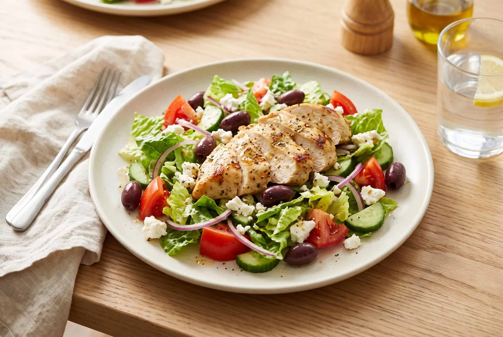 A Greek salad with grilled chicken, romaine, tomato, cucumber, red onion, olives and feta