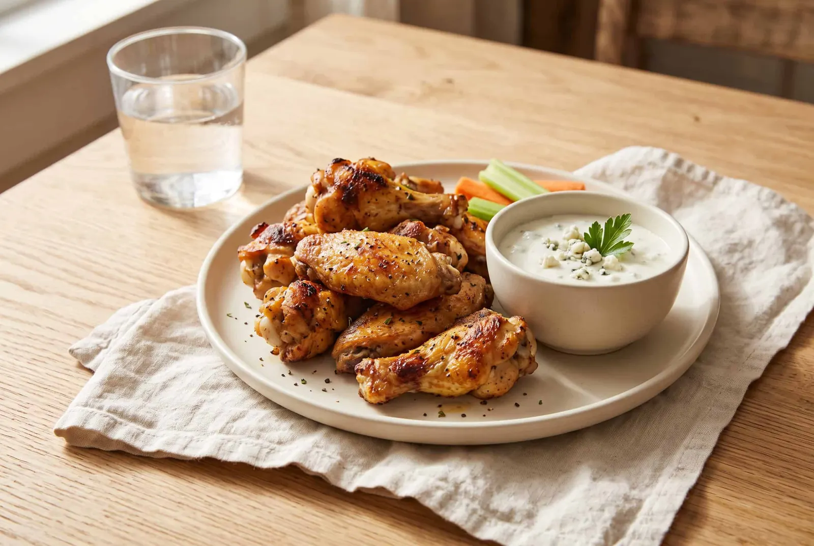 Roasted chicken wings without sauce, served with a cup of blue cheese dip