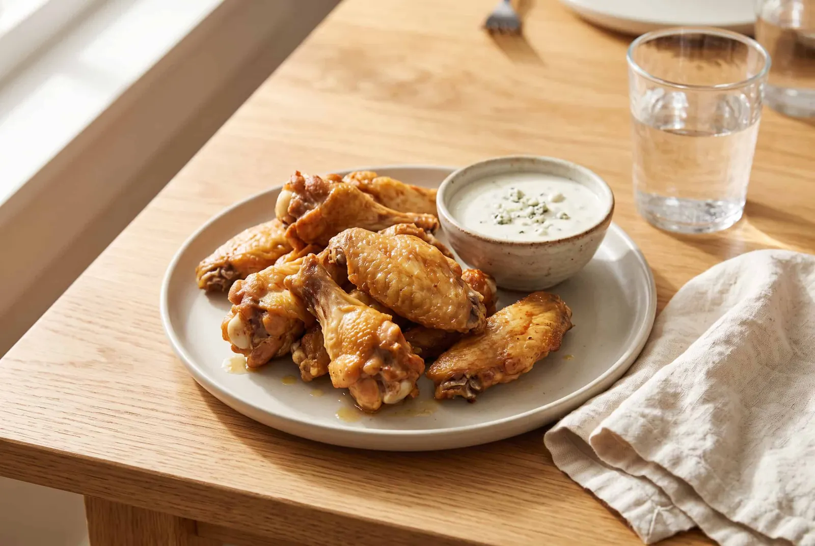 Plain bone-in chicken wings with a cup of blue cheese dip