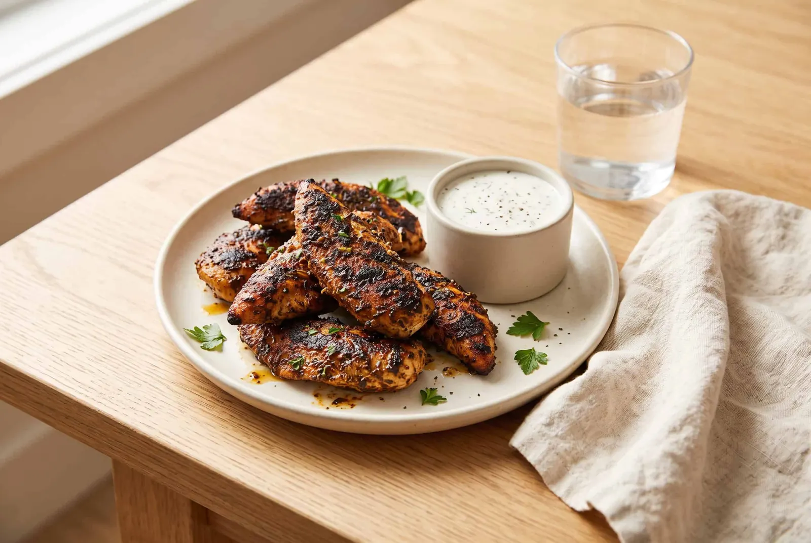 Blackened chicken tenders with a small cup of ranch dipping sauce