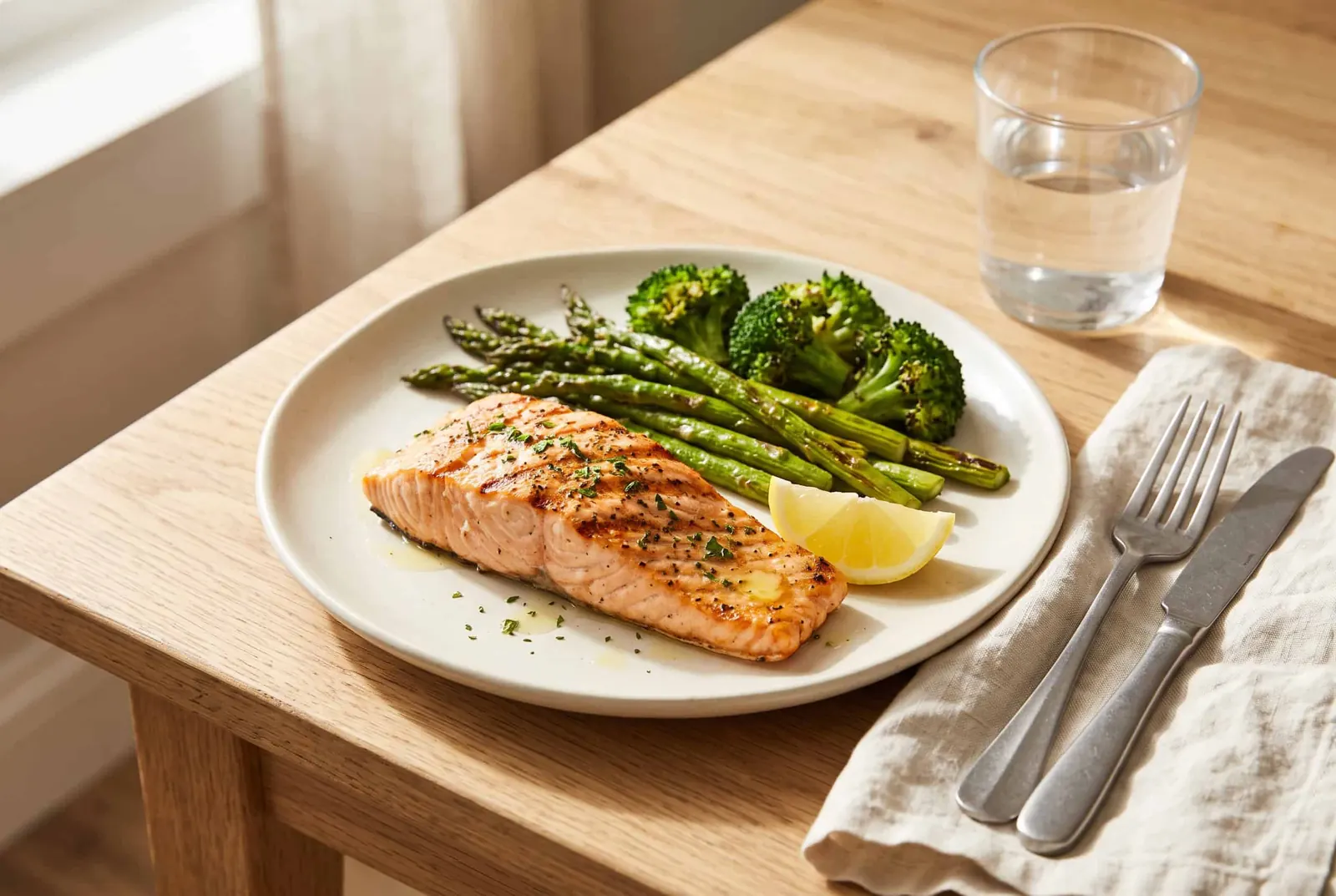 A grilled salmon fillet with roasted asparagus and broccoli