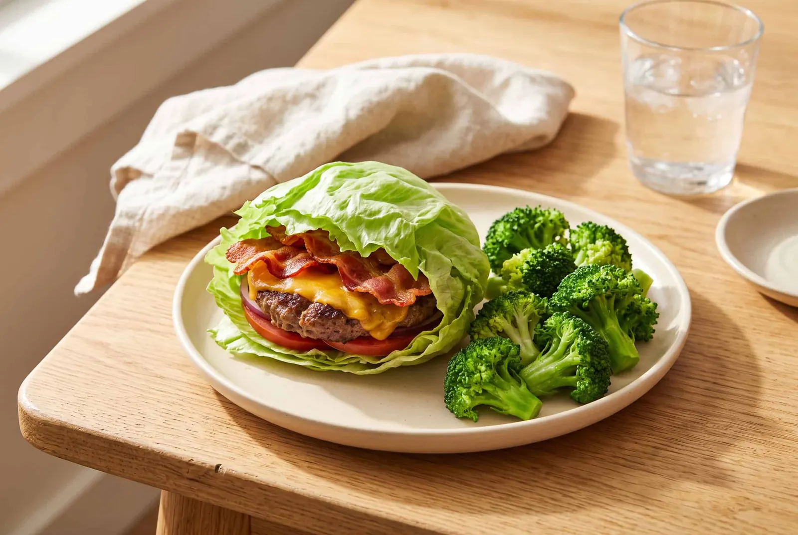A bacon cheeseburger wrapped in iceberg lettuce instead of a bun, with steamed broccoli