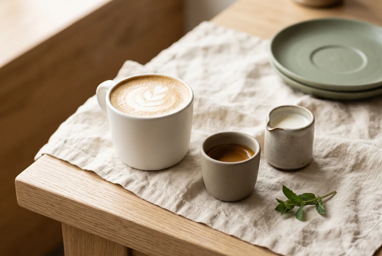 A latte in a white cup beside an espresso shot and a small pitcher of cream