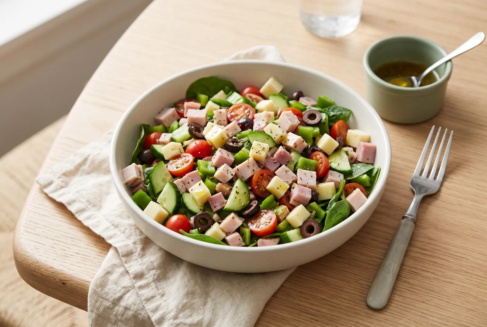 A chopped salad bowl with turkey, ham, provolone and vegetables