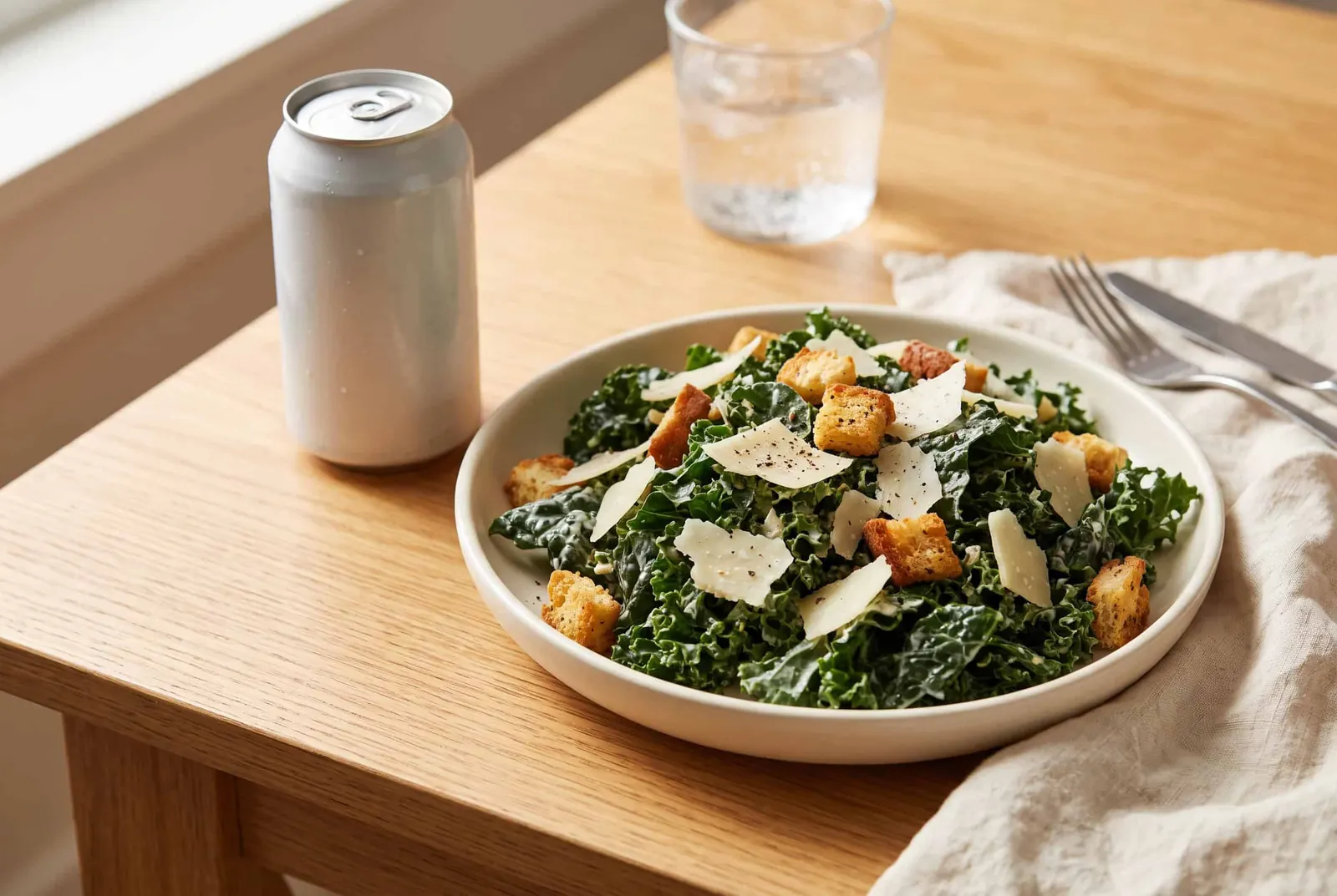 A kale Caesar salad with shaved parmesan beside a can of sparkling water