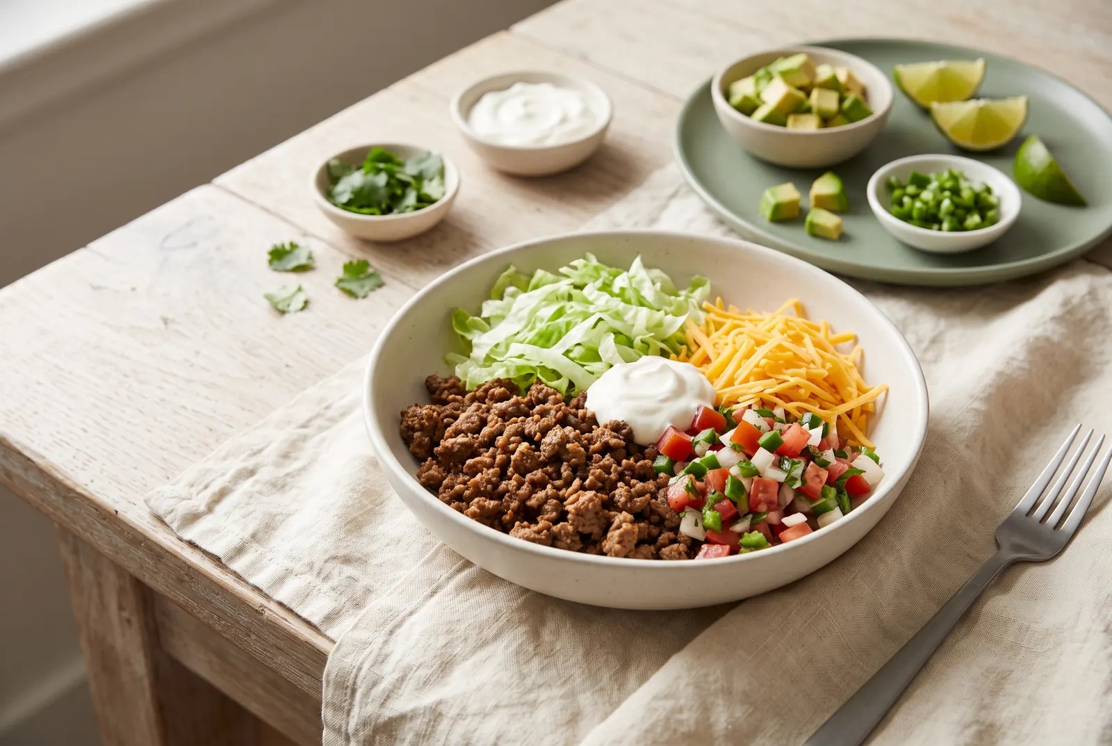 A taco bowl without a tortilla: seasoned beef, lettuce, cheddar, pico de gallo and sour cream