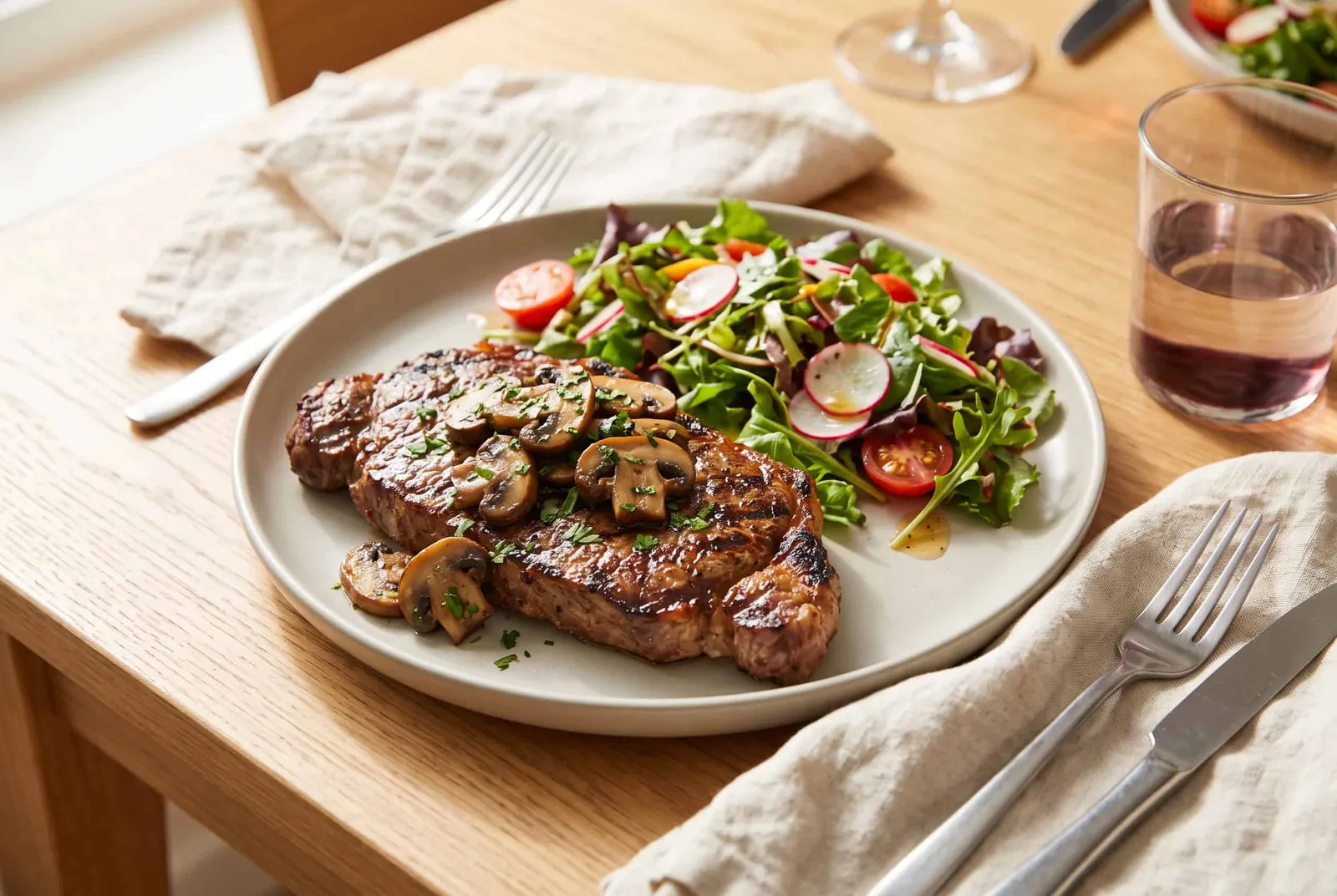 A grilled sirloin steak topped with sauteed mushrooms, with a side salad