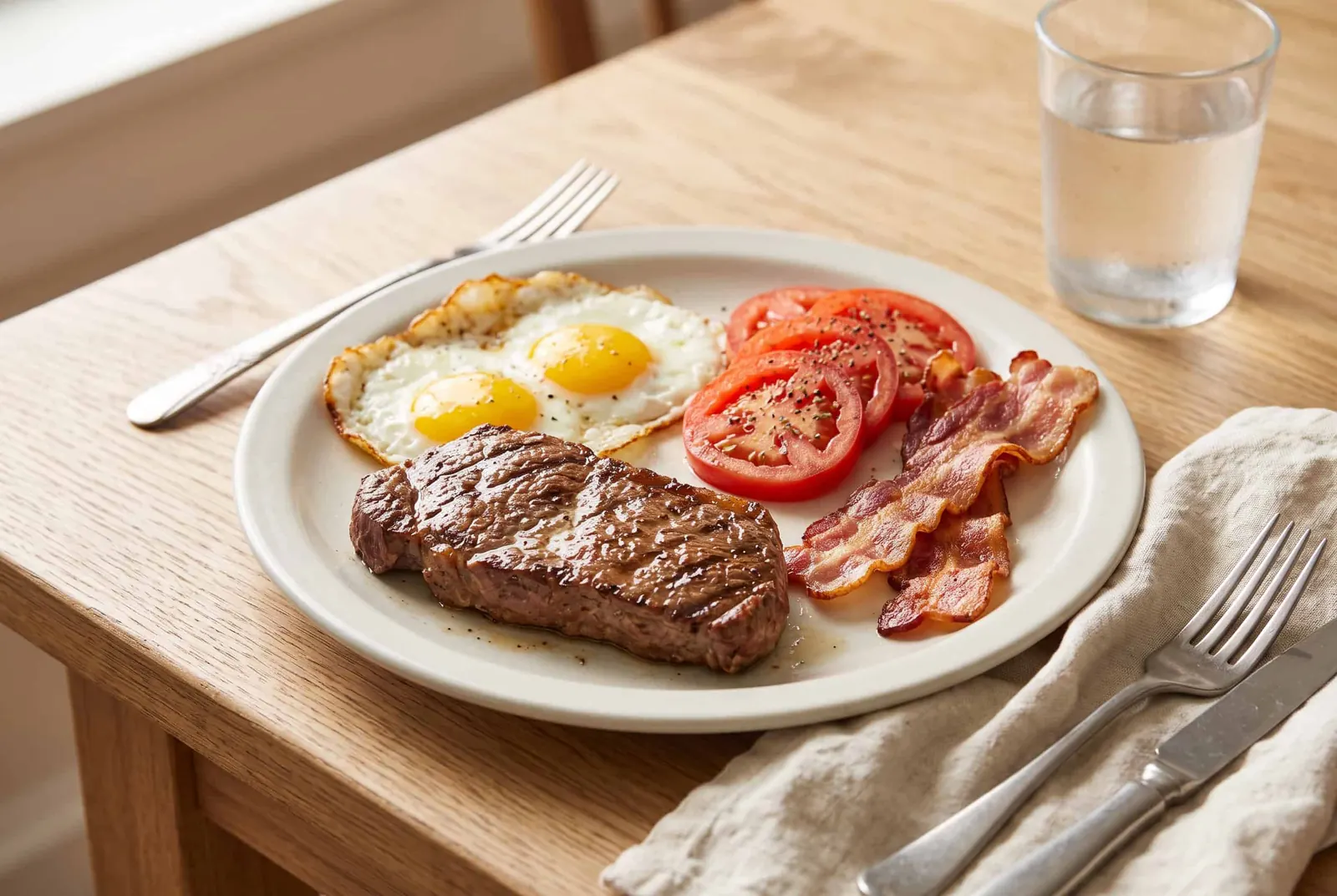 A grilled steak with two fried eggs, sliced tomatoes and strips of bacon on a diner plate