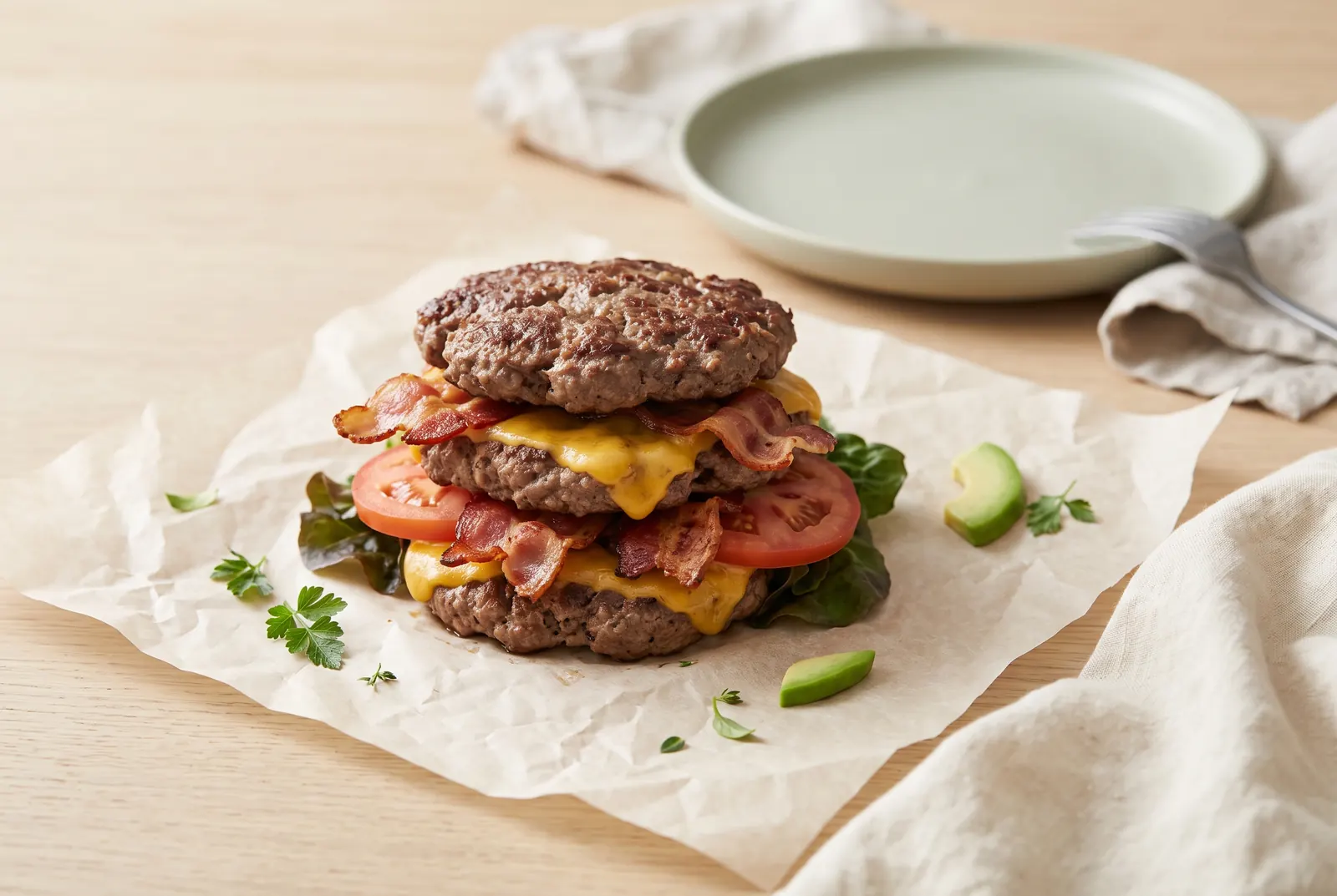 A stack of beef patties with bacon, melted cheese and tomato, served without a bun