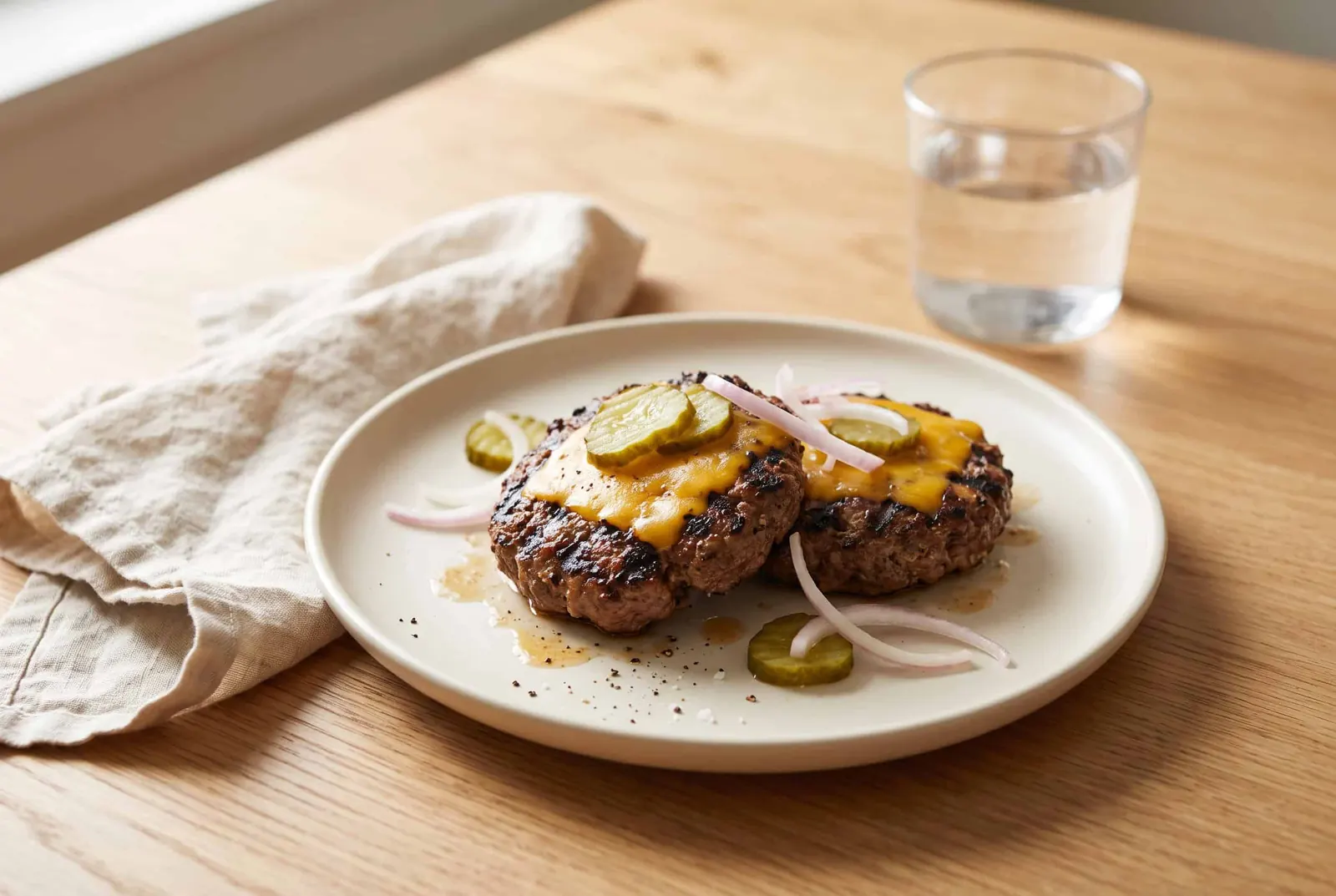 Two grilled beef patties with cheese, pickles and onion on a plate, served without a bun