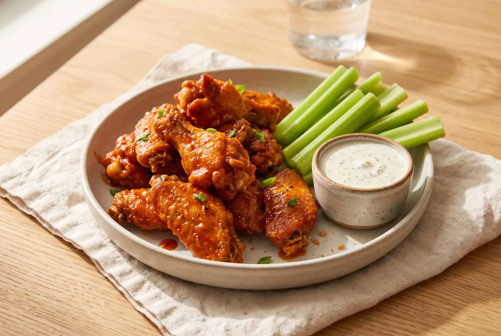 Classic bone-in chicken wings tossed in hot sauce, with celery sticks and ranch dip