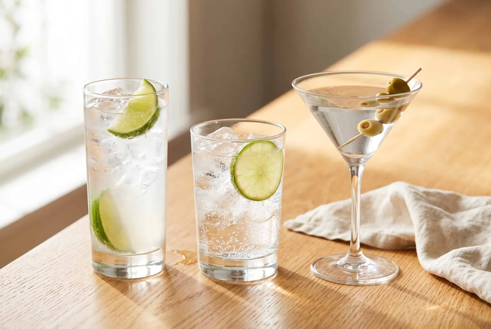 A ranch water with lime, a vodka soda and a classic martini side by side