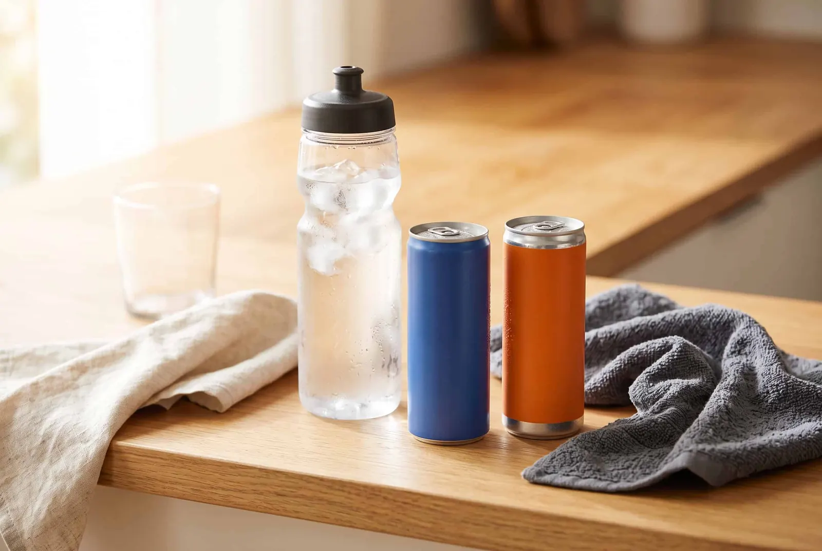 Unlabeled cans and a sports bottle with ice beside a gym towel