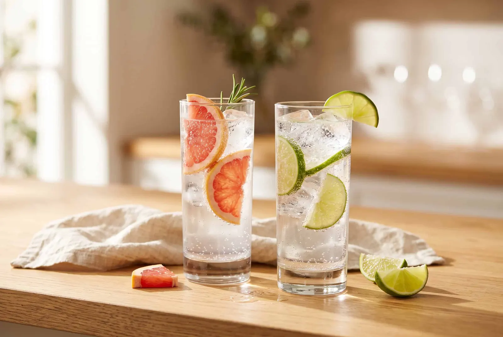 Two tall glasses of clear sparkling hard seltzer over ice with lime and grapefruit slices