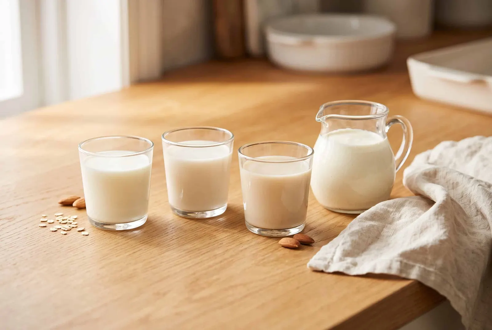 Small glasses of whole milk, almond milk, oat milk and a pitcher of heavy cream