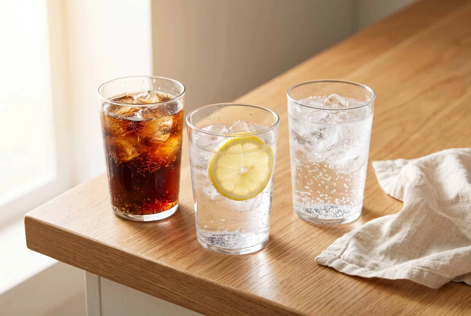 Glasses of cola, sparkling water with lemon and tonic water over ice
