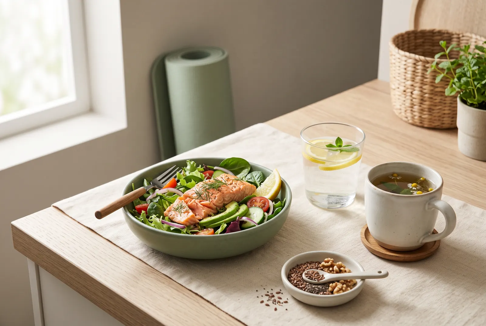 A salmon and avocado salad beside lemon water, chamomile tea and a dish of flaxseed and walnuts, with a rolled yoga mat behind