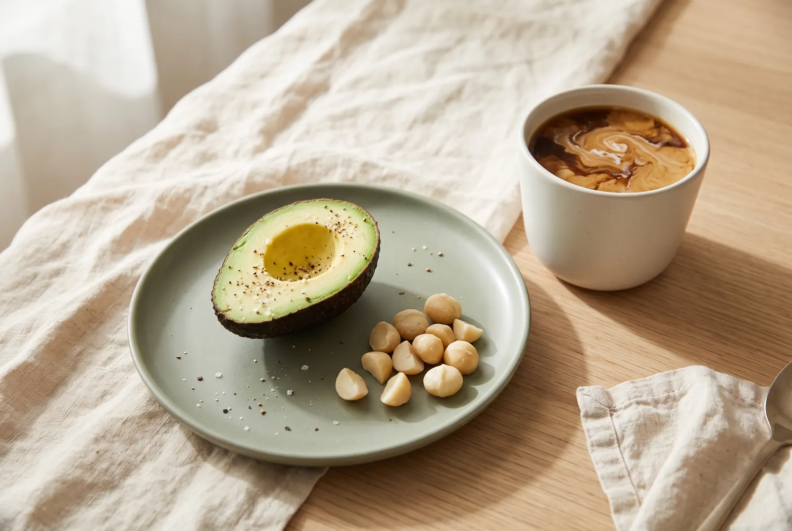 Coffee with cream, half an avocado and macadamia nuts