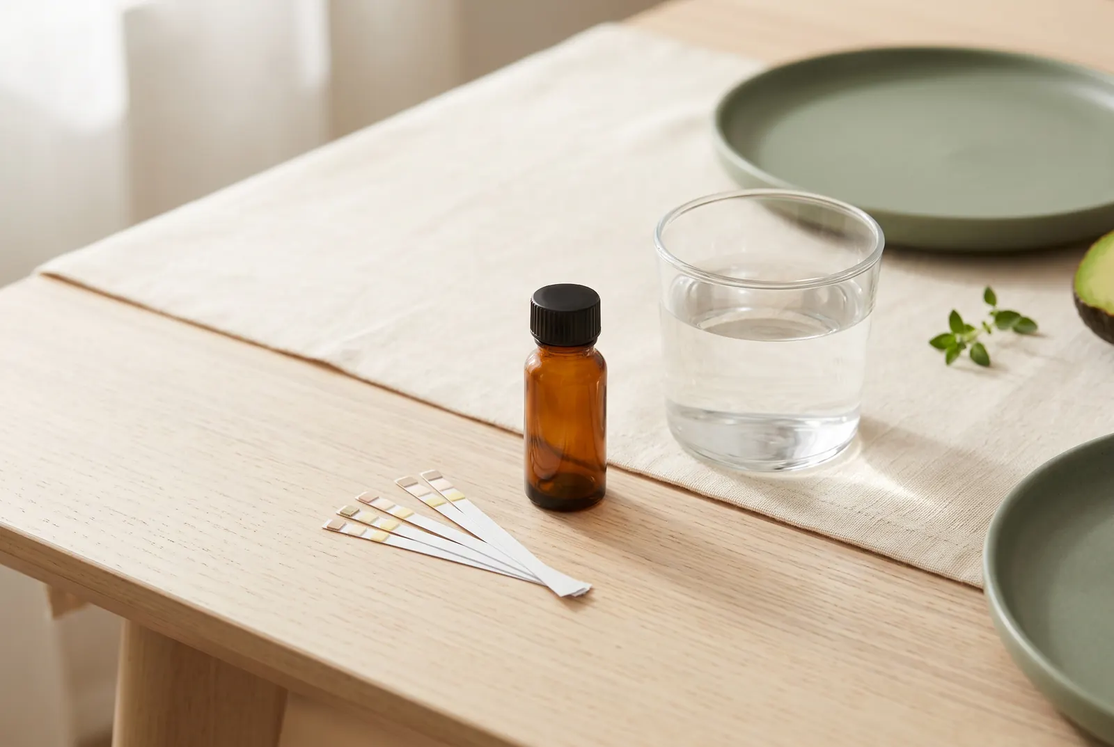 Ketone test strips fanned beside a vial and a glass of water