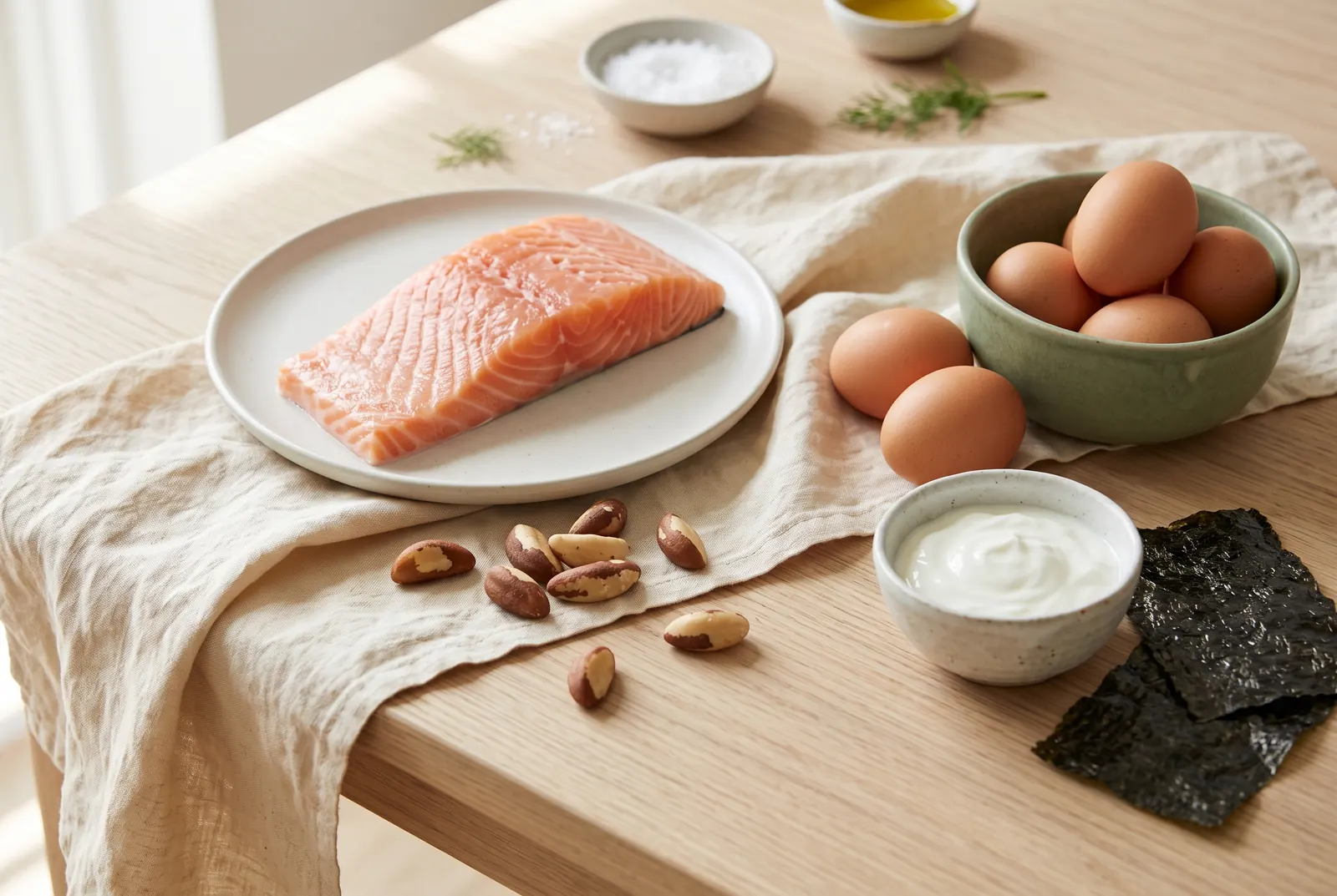 Brazil nuts, eggs, salmon, nori seaweed and yogurt