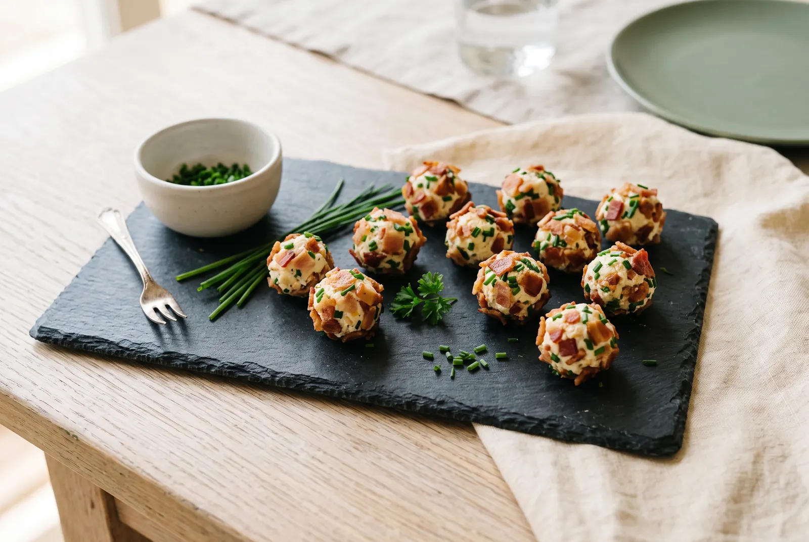 Bite-size cheese balls rolled in bacon and chives on a slate board