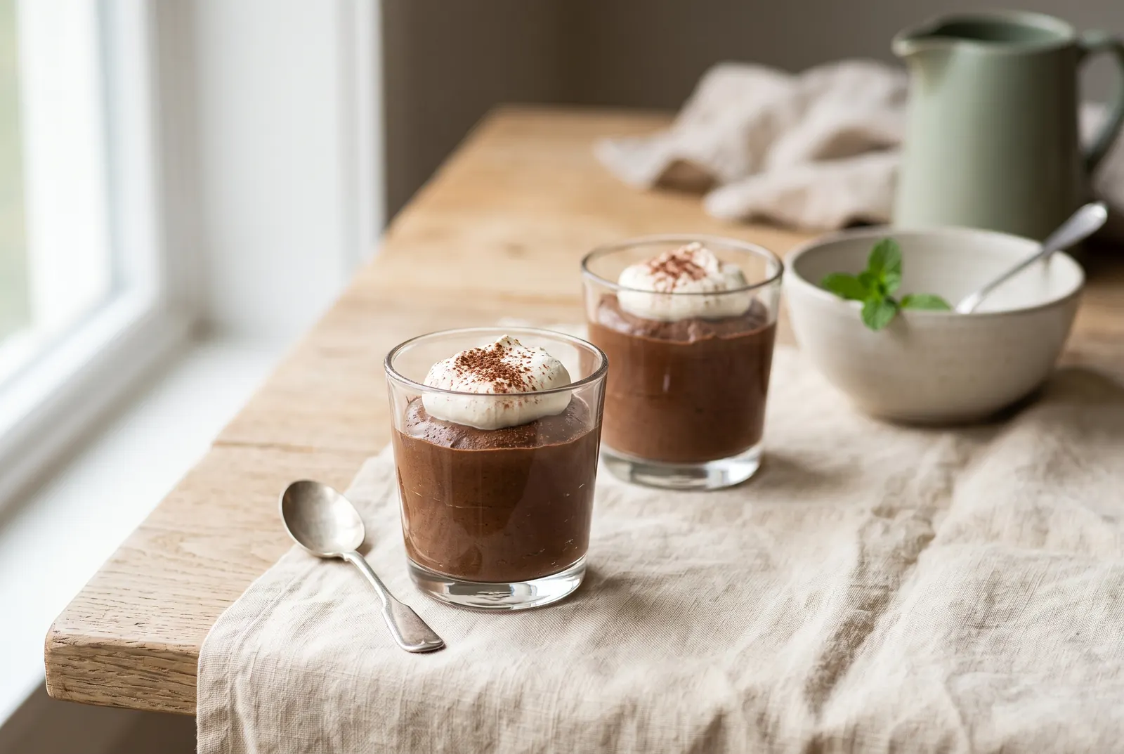 Two glasses of chocolate mousse topped with whipped cream and a dusting of cocoa