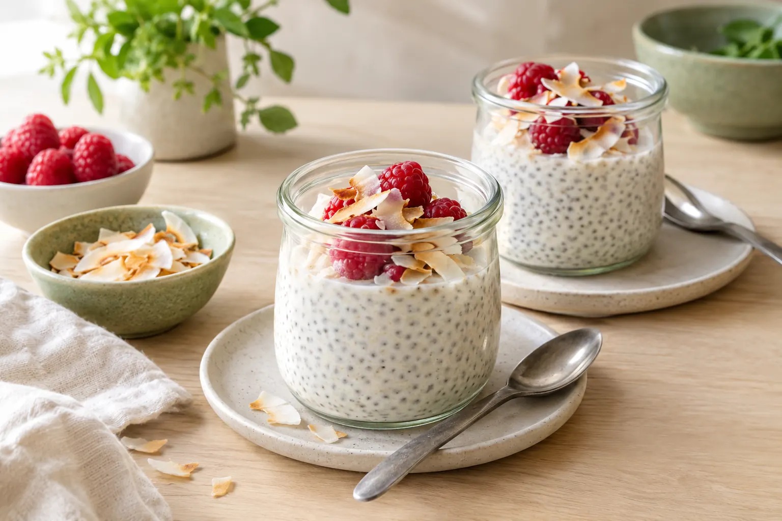 Two jars of coconut chia pudding topped with raspberries and toasted coconut flakes