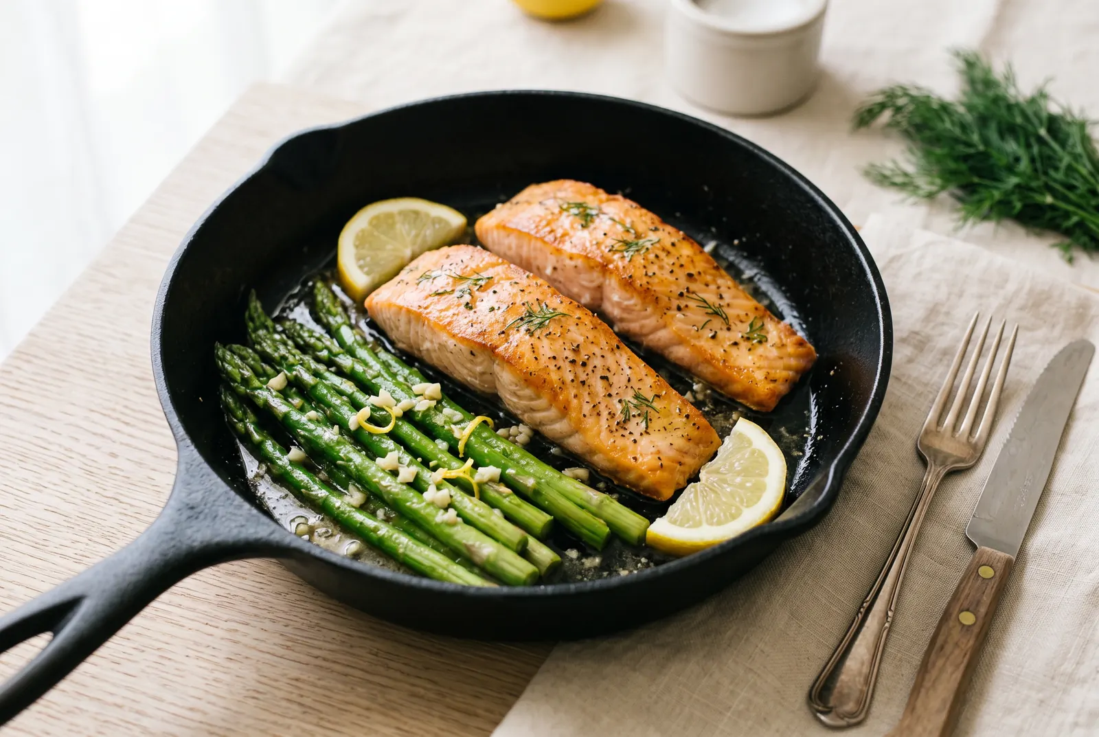 Two pan-seared salmon fillets with asparagus and lemon in a cast-iron skillet