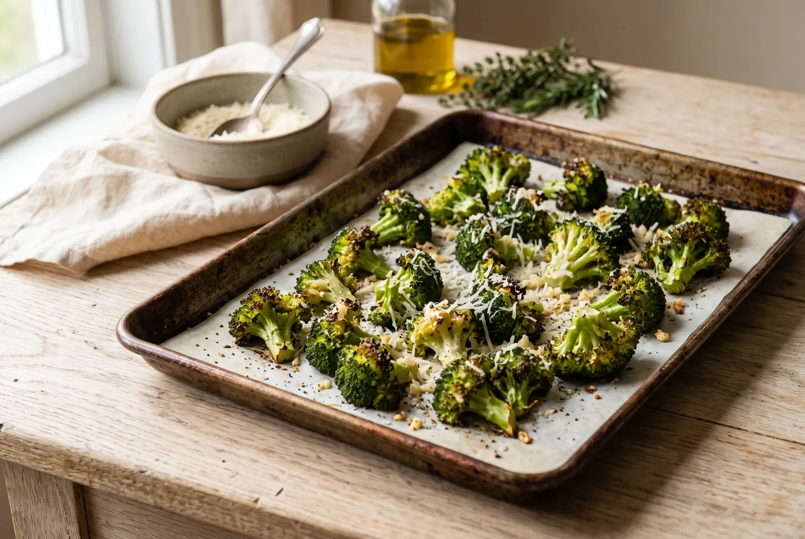 A sheet pan of roasted broccoli florets topped with grated parmesan