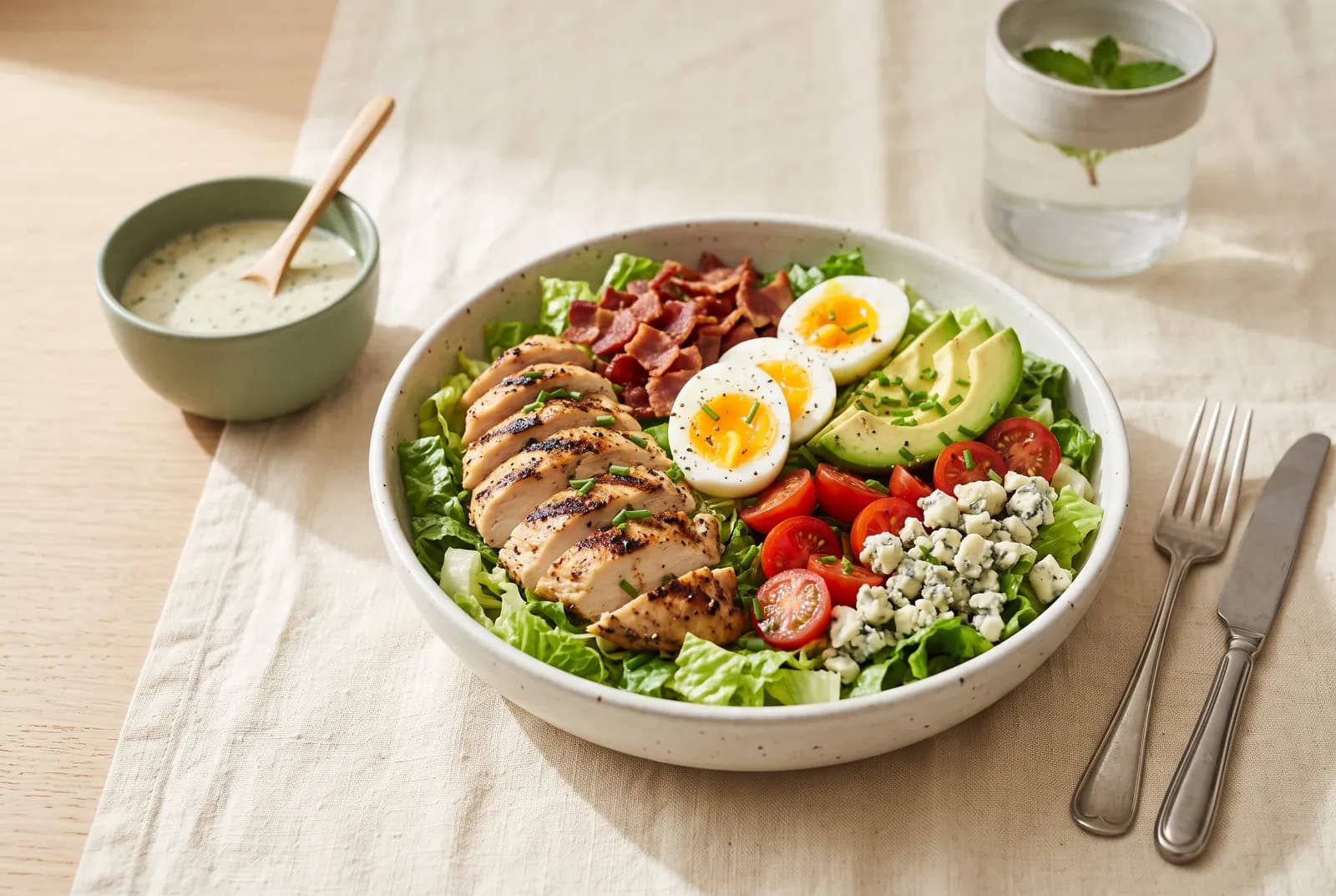 A Cobb salad bowl of sliced grilled chicken, bacon, boiled egg, avocado, cherry tomatoes and blue cheese on lettuce