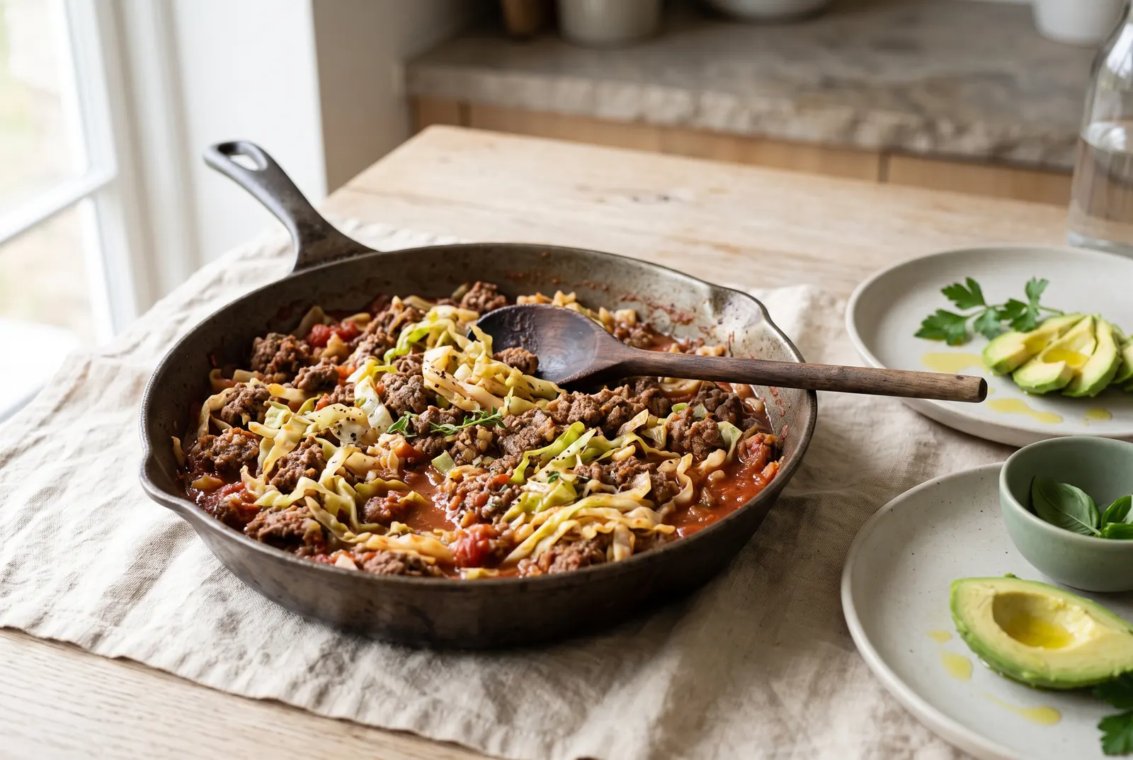 A cast-iron skillet of browned ground beef and shredded cabbage in tomato sauce