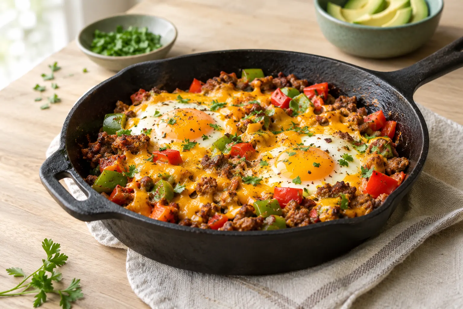 A cast-iron skillet of ground pork and bell peppers with baked eggs and melted cheddar