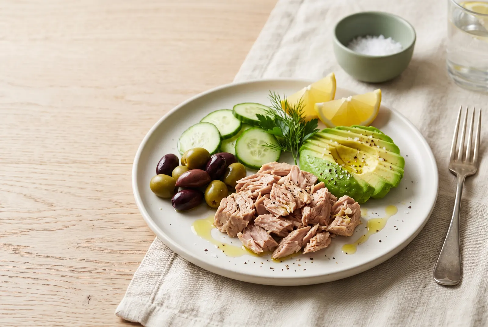 A plate of flaked tuna with sliced avocado, olives, cucumber and lemon wedges