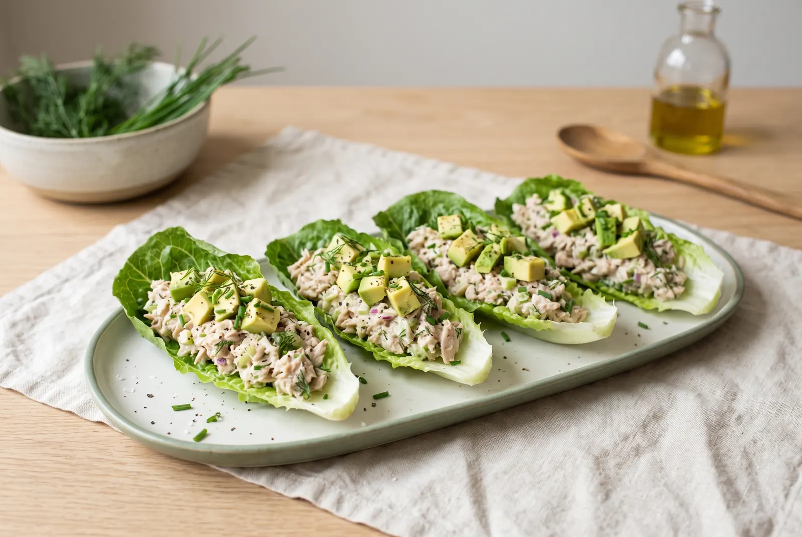 Romaine lettuce leaves filled with tuna salad and diced avocado on a platter
