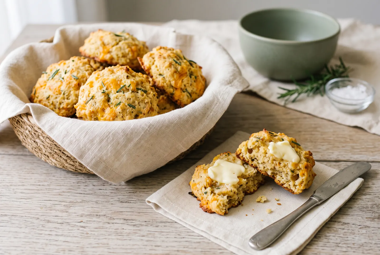 Cheddar and rosemary drop biscuits in a linen-lined basket, one split open with butter