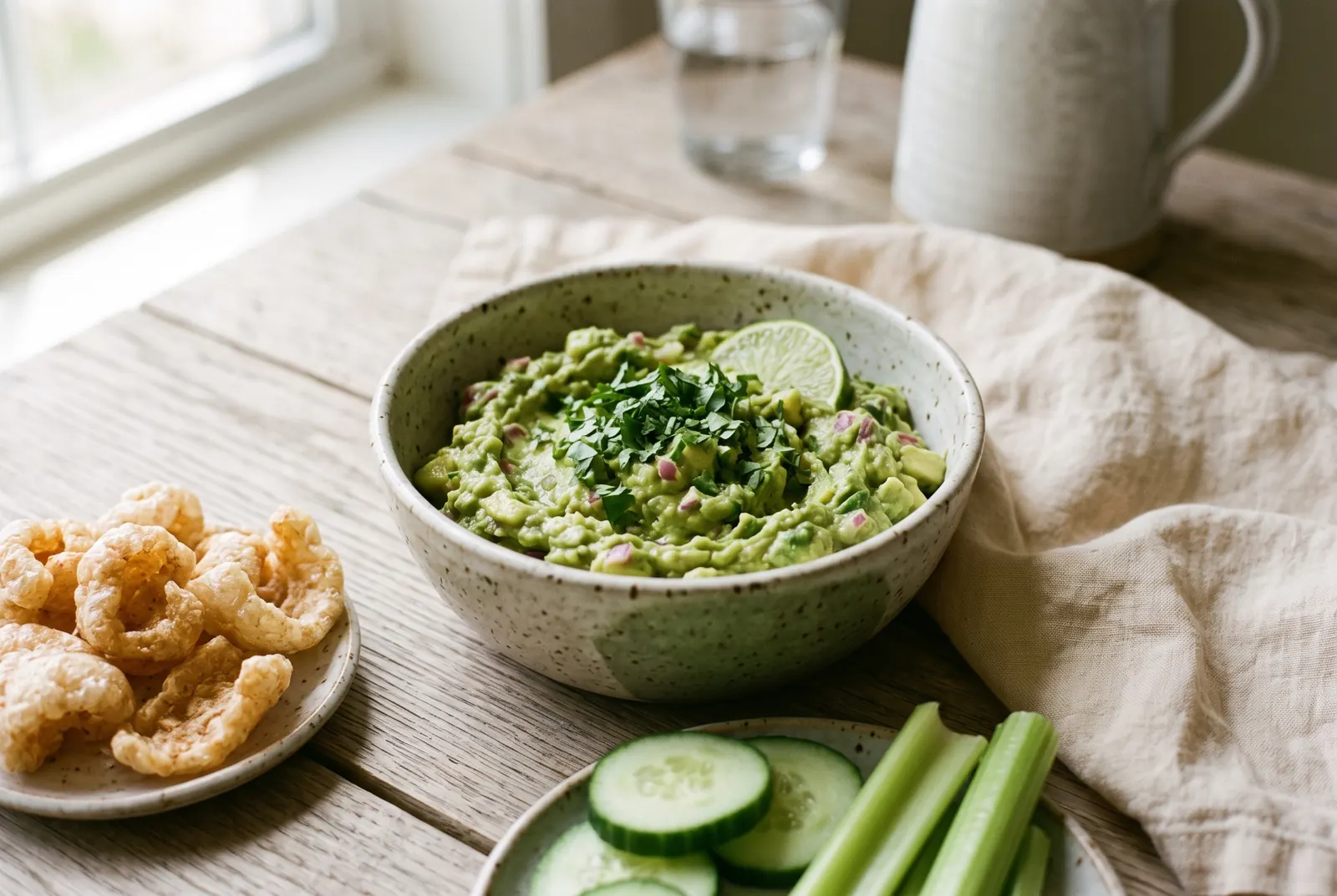 A bowl of guacamole with lime and cilantro, served with pork rinds, cucumber and celery