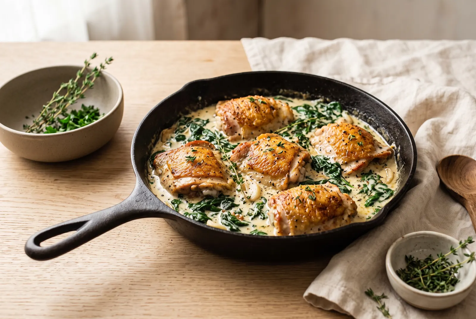 Seared chicken thighs in a creamy garlic sauce with wilted spinach in a cast-iron skillet