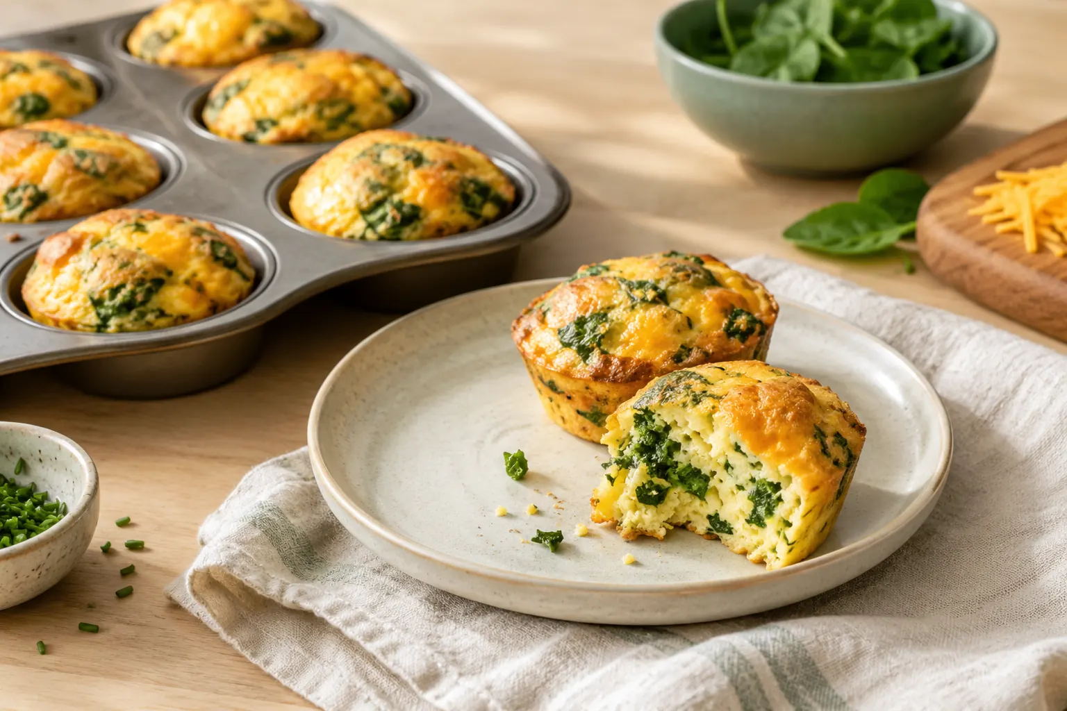 Spinach and cheddar egg muffins in a muffin tin, with one broken open on a plate