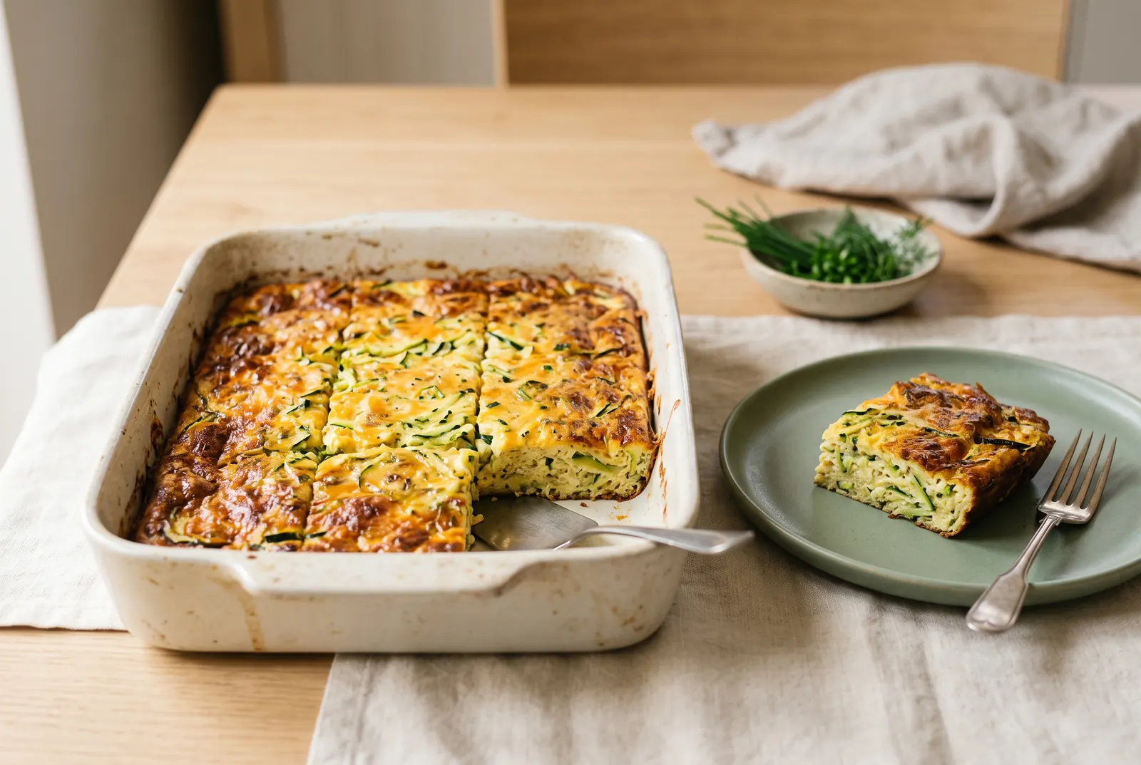 A baking dish of zucchini and cheddar egg bake cut into squares, one served on a plate