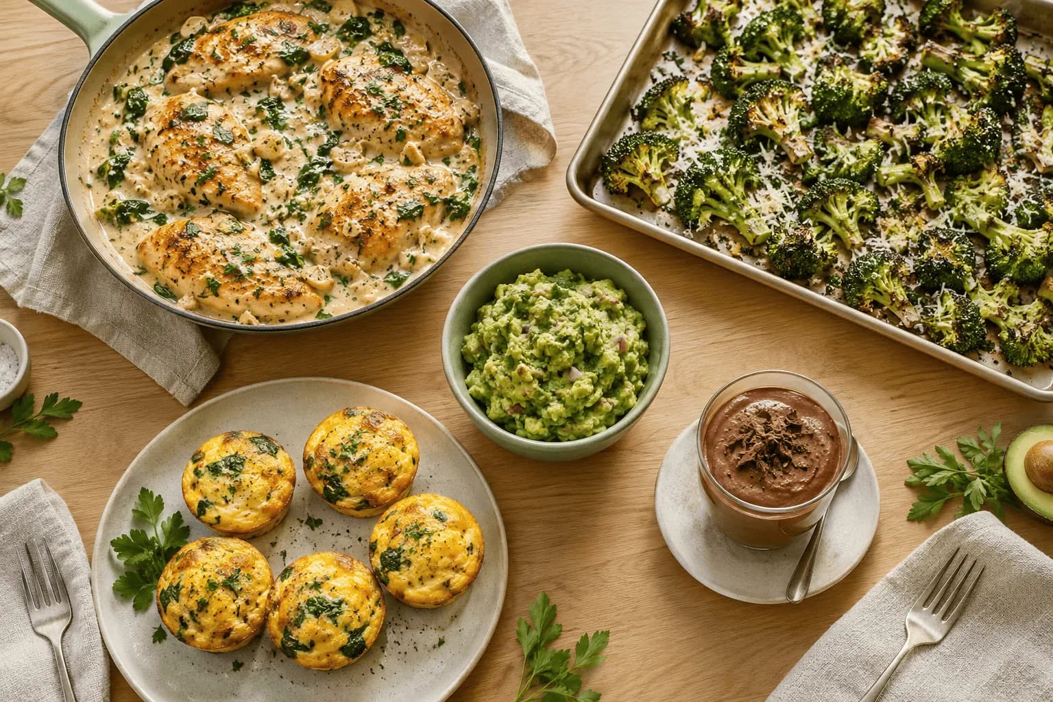 A table of home-cooked keto dishes: creamy garlic chicken, roasted broccoli, guacamole, egg muffins and chocolate mousse